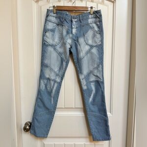 Free People Low Rise Striped Moto Denim with Bleaching Effect. Size 28” by 29”